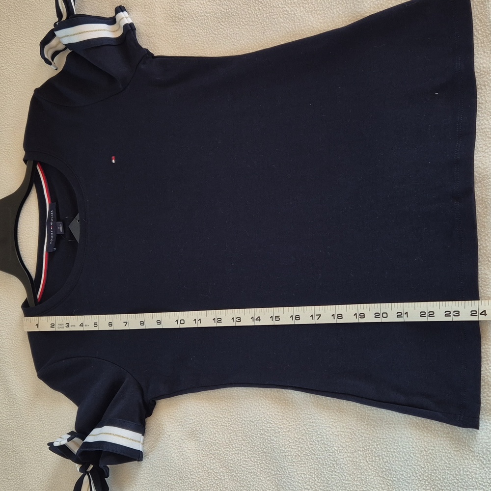 Tommy Hilfiger Women's 100% Cotton Navy Tee with Striped Bow Sleeves, size M - Picture 15 of 16